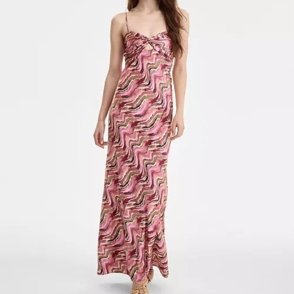 Seni & Cade Satin Printed Twist Front Maxi Mauve Olive Dress Juniors Size XS NWT
